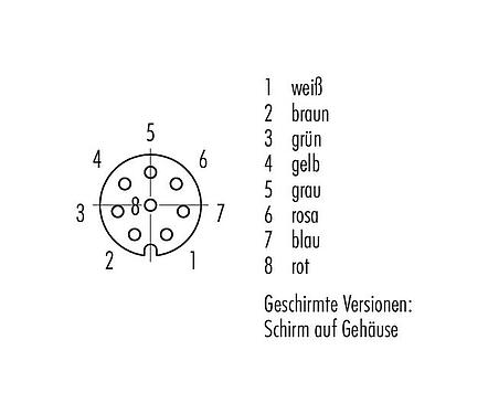 Polbild (Steckseite) M8 Kabeldose, Polzahl: 8, geschirmt, am Kabel angespritzt, IP67/IP69K, M8x1,0, PUR, schwarz, 8 x 0,25 mm², 2 m