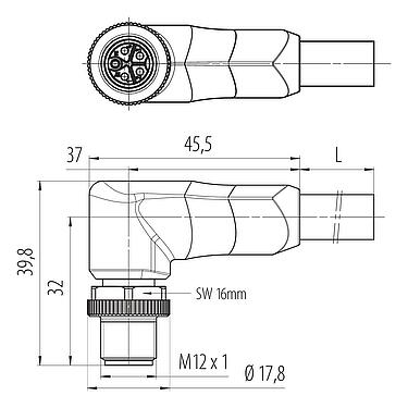 Dessin coté 77 0677 0000 70505-0500 - M12 Connecteur mâle coudé, Contacts: 4+PE, non blindé, surmoulé sur le câble, IP68, UL, PUR, noir, 5 x 1,50 mm², 5 m