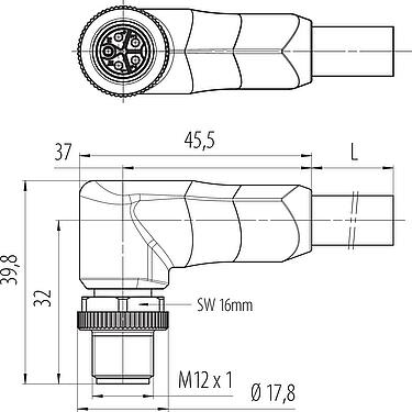 Dessin coté M12 Connecteur mâle coudé, Contacts: 4+PE, non blindé, surmoulé sur le câble, IP68, UL 2238, PUR, noir, 5 x 2,50 mm², 5 m