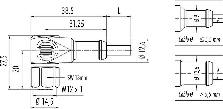스케일 드로잉 M12 각진 소켓, 콘택트 렌즈: 4, 차폐되지 않음, 케이블에 몰딩, IP67/IP69K, Ecolab, FDA 준수, 특수 TPE, 회색, 4x0.34 mm², 스테인리스 스틸, 5m