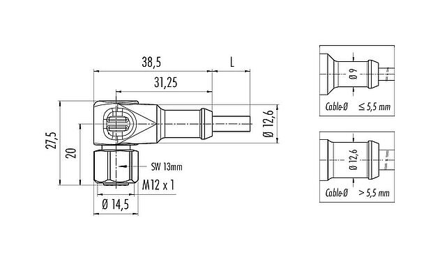Dessin coté 77 3734 0000 20403-0500 - M12 Connecteur femelle coudé, Contacts: 3, non blindé, surmoulé sur le câble, IP69K, UL, Ecolab, PVC, gris, 3 x 0,34 mm², Acier inoxydable, 5 m