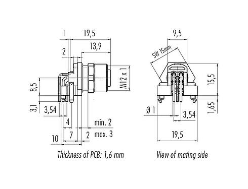 Scale drawing M12 Female angled panel mount connector, Contacts: 5, shieldable, THR, IP68, UL 2238, Front mounting, for PCB assembly
