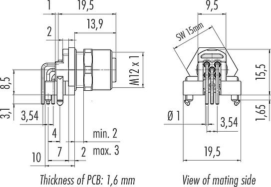 Scale drawing M12 Female angled panel mount connector, Contacts: 5, shieldable, THR, IP68, UL 2238, Front mounting, for PCB assembly