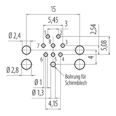 Leiterplattenlayout M12 Flanschdose, Polzahl: 8, schirmbar, THR, IP68, UL 2238, M12x1,0, Rückwandmontage, für die Leiterplattenmontage