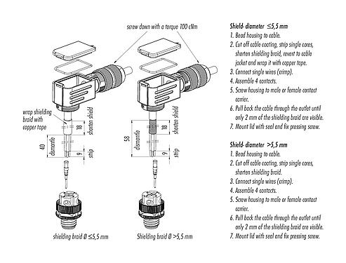 Assembly instructions 99 3721 820 04 - M12 Male angled connector, Contacts: 4, 5.0-8.0 mm, shieldable, crimping (Crimp contacts must be ordered separately), IP67