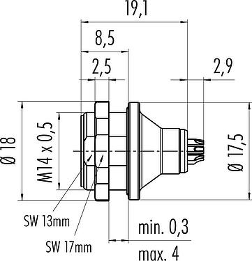 Scale drawing Push Pull Male panel mount connector, Contacts: 3, unshielded, solder, IP67, M14x0,5, Rear mounting