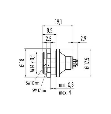 Skalritning Push Pull Flänsplugg, antal poler: 3, kan skärmas, lödning, IP67, M14x0,5, Bakre väggmontering