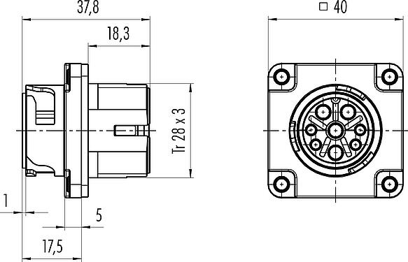 Maßzeichnung Bajonett Flanschstecker, Polzahl: 4+PE, ungeschirmt, crimpen (Crimpkontakte müssen separat bestellt werden), IP68/IP69K, UL 2238, VDE, Frontmontage, UV-Beständig