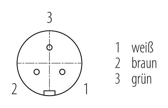 Polbild (Steckseite) Snap-In Kabeldose, Polzahl: 3, ungeschirmt, am Kabel angespritzt, IP67, UL 2238, PUR, schwarz, 3 x 0,75 mm², 2 m