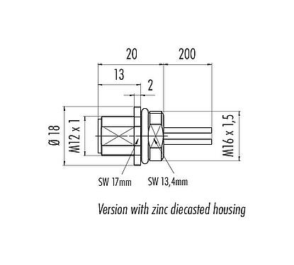 Dessin coté M12 Embase mâle, Contacts: 4, non blindé, fils, IP68, UL 2238, M16x1,5, Montage frontal
