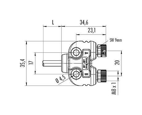 Scale drawing 79 5232 33 04 - M8/M8 Twin distributors, Y-distributor, Contacts: 3, unshielded, moulded on the cable, IP68, UL 2238, PUR, black, 4 x 0.25 mm², with LED PNP, 2 m