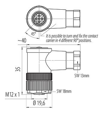 Dessin coté M12 Connecteur femelle coudé, Contacts: 5, 4,0-6,0 mm, non blindé, pince à visser, IP67, UL 2238