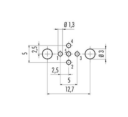 導体レイアウト M12 オスパネルマウントコネクタ, 極数: 5, シールド可能, THT, IP68, UL 2238, PG 9, 背面パネルマウント, モールド成形