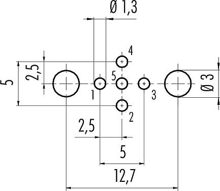 導体レイアウト M12 オスパネルマウントコネクタ, 極数: 5, シールド可能, THT, IP68, UL 2238, PG 9, 背面パネルマウント, モールド成形