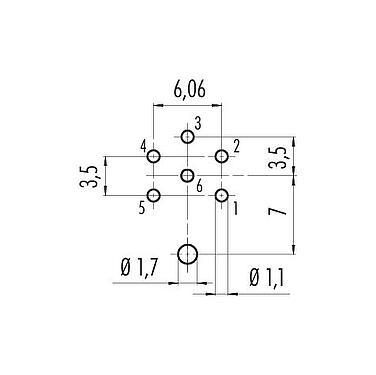 Leiterplattenlayout 09 0123 290 06 - M16 Flanschstecker, Polzahl: 6 (06-a), schirmbar, THT, IP67, UL, von vorne verschraubbar