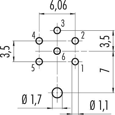 Conductor layout M16 Male panel mount connector, Contacts: 6 (06-a), shieldable, THT, IP67, UL 2238, M18x0,75, Rear mounting