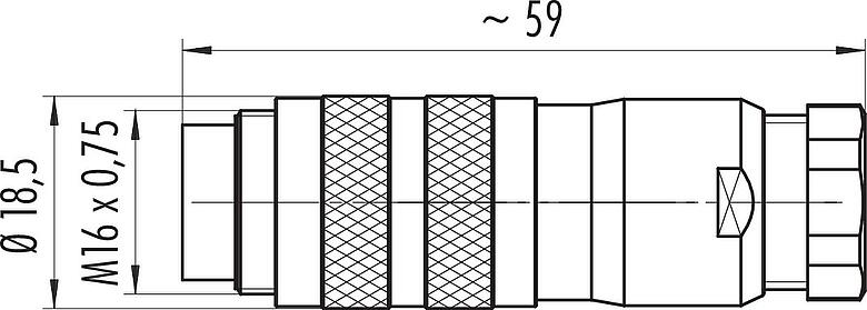 Dibujo a escala M16 Conector de cable macho, Número de contactos: 4 (04-a), 6,0-8,0 mm, blindable, tornillo extraíble, IP67, UL 2238