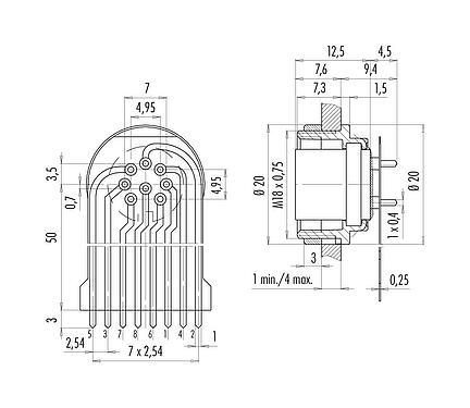 Connection & dimensions M16 Female panel mount connector, Contacts: 8 (08-a), unshielded, THT, IP40, M18x0,75, Rear mounting