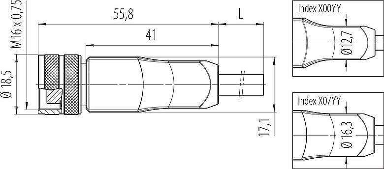 縮尺図 M16 メスケーブルコネクタ, 極数: 12, 非シールド, モールドケーブル付き, IP67, PUR, 黒, 12x0.25mm², 2m