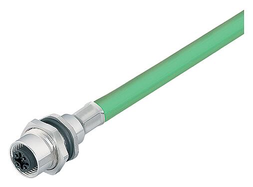 Abbildung M12 Flanschdose, Polzahl: 4, geschirmt, mit Kabel konfektioniert, IP67, UL, PG 9, Profinet, PUR, grün, 2 x 2 x AWG 22, Rückwandmontage, 0,5 m
