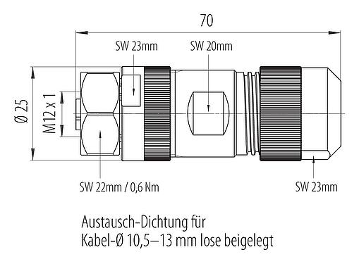Maßzeichnung M12 Kabeldose, Polzahl: 4+FE, 8,0-13,0 mm, ungeschirmt, schraubklemm, IP67, M12x1,0, Edelstahl