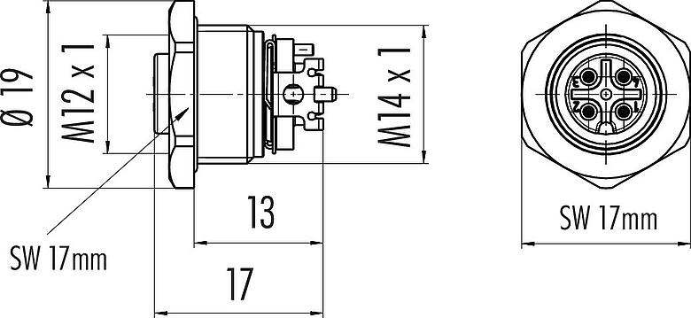 Mittakaavapiirustus M12 Laippapistorasia, Napojen määrä: 4, suojattavissa, SMT, IP67, M14x1,0, Etukiinnitys
