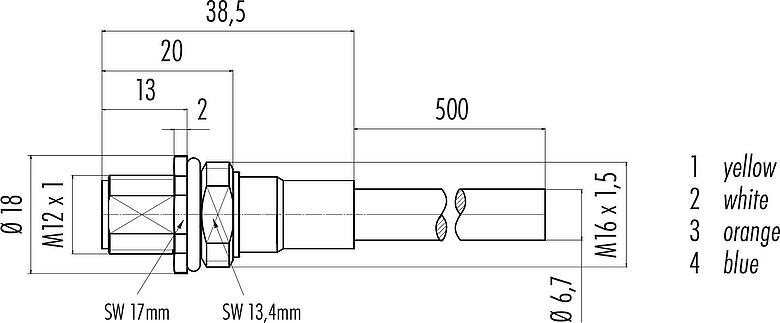 縮尺図 M12 オスパネルマウントコネクタ, 極数: 4, シールド, ケーブル組込時, IP67, UL, M16x1.5, Profinet, PUR, グリーン, 2x2xAWG 22, フロントマウント, 0.5m