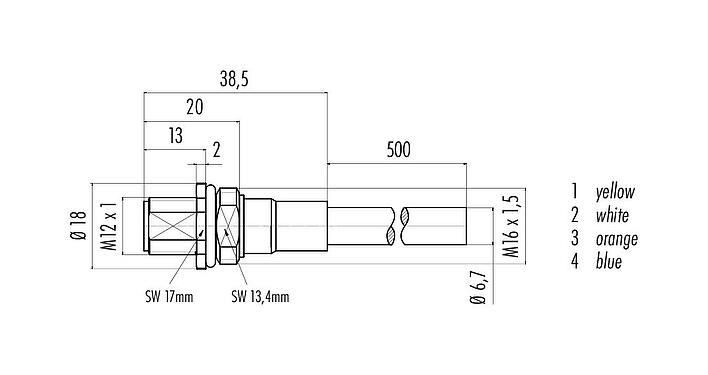 Scale drawing M12 Male panel mount connector, Contacts: 4, shielded, with cable assembled, IP67, UL, M16x1.5, Profinet, PUR, green, 2 x 2 x AWG 22, Front mounting, 0.5 m