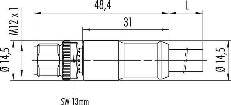 Scale drawing M12 Male cable connector, Contacts: 4, unshielded, moulded on the cable, IP68, PUR, black, 4 x 1.50 mm², 2 m
