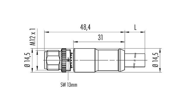 Dessin coté 77 0605 0000 50704-0500 - M12 Connecteur mâle, Contacts: 4, non blindé, surmoulé sur le câble, IP69K, PUR, noir, 4 x 1,50 mm², 5 m