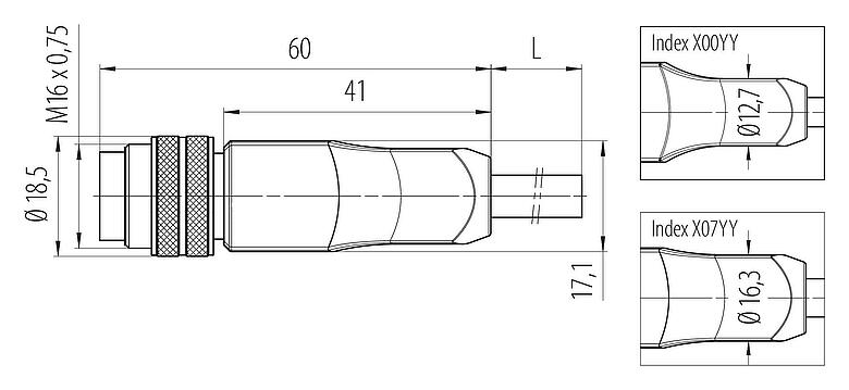 Maßzeichnung 77 6429 0000 50712-0500 - M16 Kabelstecker, Polzahl: 12, ungeschirmt, am Kabel angespritzt, IP68, PUR, schwarz, 12 x 0,25 mm², 5 m