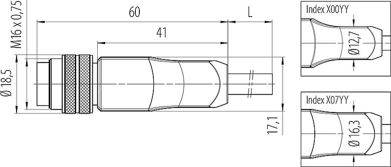 Skalritning M16 Kabelplugg, antal poler: 12, oskärmad, fastgjuten på kabeln, IP67, PUR, svart, 12 x 0,25 mm², 2 m