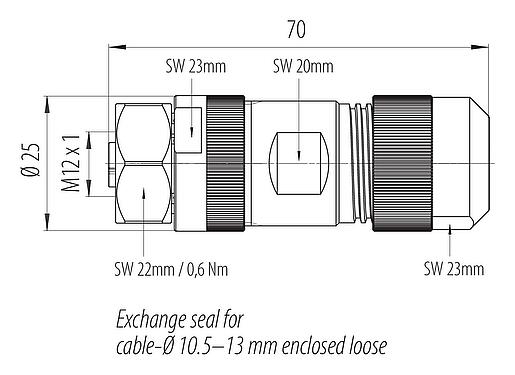 Scale drawing M12 Female cable connector, Contacts: 4+FE, 8.0-13.0 mm, unshielded, screw clamp, IP67, M12x1.0, stainless steel
