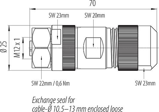 Dessin coté M12 Connecteur femelle, Contacts: 4+FE, 8,0-13,0 mm, non blindé, pince à visser, IP67, M12x1,0, Acier inoxydable