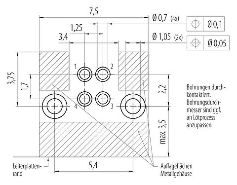 Leiterplattenlayout M5 Flanschdose, gewinkelt, Polzahl: 4, schirmbar, löten, IP68, UL 2238, Rückwandmontage