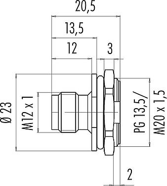 Scale drawing M12 Male panel mount connector, Contacts: 4, unshielded, solder, IP67, UL 2238, M20x1.5, Front mounting