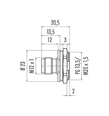 Scale drawing M12 Male panel mount connector, Contacts: 4, unshielded, solder, IP67, UL 2238, PG 13.5, Front mounting