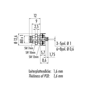 Schaaltekening 86 6319 1120 00005 - M8 Male panel mount connector, aantal polen: 5, schermbaar, THT, IP67, UL, aan voorkant verschroefbaar