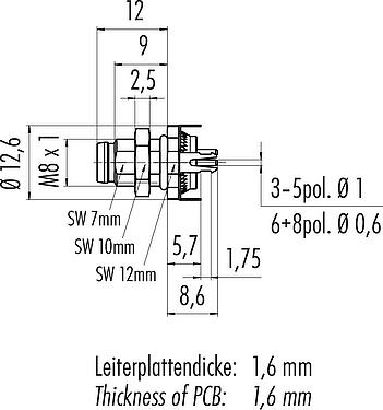 Méretarányos rajz M8 panelre szerelhető csatlakozó, : 6, árnyékolható, THT, IP67, UL 2238, M8x1,0, hátsó panel felszerelés, öntött