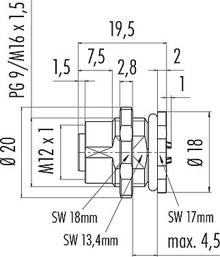 스케일 드로잉 M12 플랜지 리셉터클, 콘택트 렌즈: 4, 차폐되지 않음, 솔더, IP68, UL 2238, M16x1.5, 후면 월 마운팅