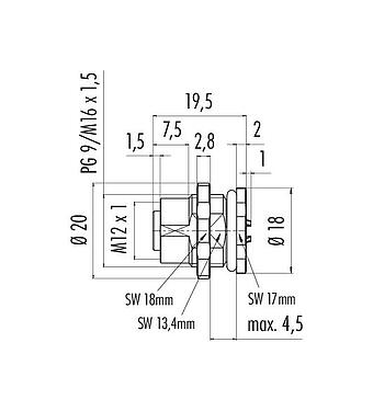 比例图 M12 孔头法兰座, 极数: 4, 非屏蔽, 焊接, IP68, UL 2238, PG 9, 後壁安裝