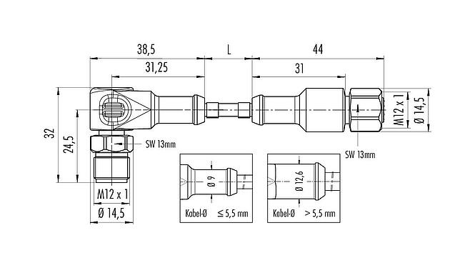 Maßzeichnung 77 3730 3727 20912-0200 - M12/M12 Verbindungsleitung Winkelstecker - Kabeldose, Polzahl: 12, ungeschirmt, am Kabel angespritzt, IP69K, UL, Ecolab, PVC, grau, 12 x 0,25 mm², Lebensmittelindustrie, Edelstahl, 2 m