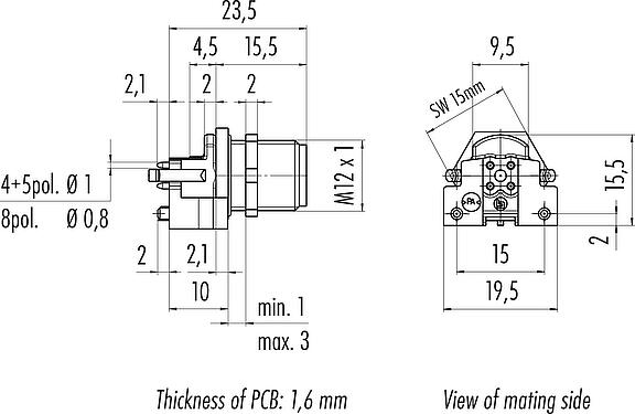 Disegno in scala M12 Connettore maschio a flangia, Numero poli: 4, non schermato, THR, IP68, UL 2238, M12x1,0, Montaggio su panello posteriore, per l'assemblaggio di PCB, design in due parti