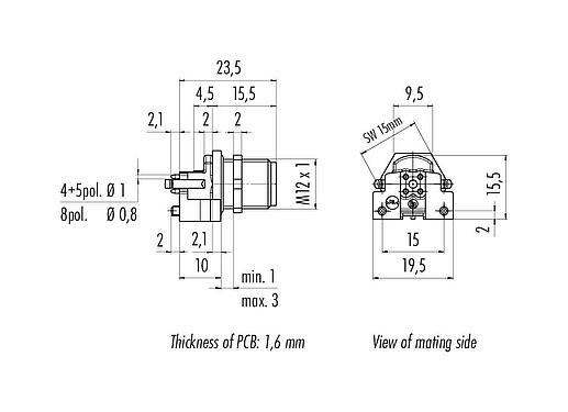 Disegno in scala M12 Connettore maschio a flangia, Numero poli: 4, schermabile, THR, IP68, UL 2238, M12x1,0, Montaggio su panello posteriore, per l'assemblaggio di PCB
