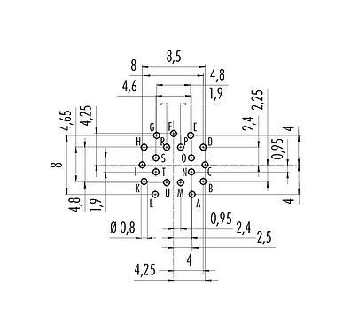 Leiterplattenlayout 09 0464 90 19 - M16 Flanschdose, Polzahl: 19 (19-a), ungeschirmt, THT, IP67, UL, von vorne verschraubbar