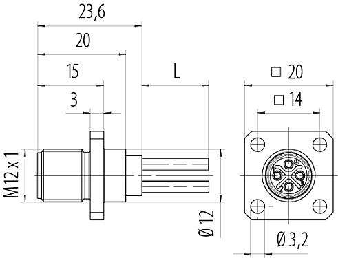 比例圖 M12 針頭方型法蘭座, : 4, 非遮罩, 帶導線, IP40, UL 2238, M3 (4x), 板前安裝, 模压