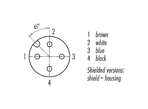 Contact arrangement (Plug-in side) 77 3530 0000 20704-0200 - M12 Female cable connector, Contacts: 4, shielded, moulded on the cable, IP67, UL, PVC, grey, 4 x 0.34 mm², 2 m