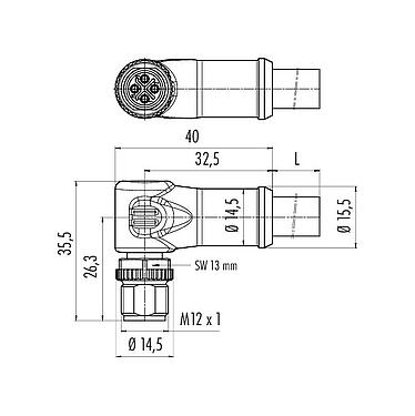 Scale drawing 77 0687 0000 50704-0200 - M12 Male angled connector, Contacts: 3+PE, unshielded, moulded on the cable, IP68, PUR, black, 4 x 1.50 mm², 2 m