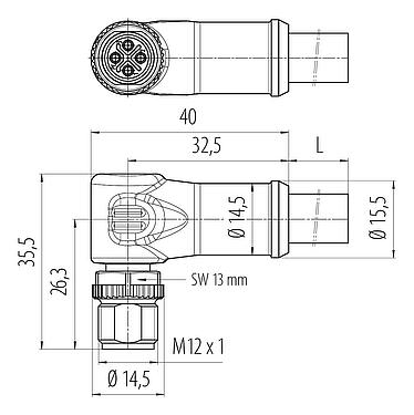 Schaaltekening M12 Male haakse connector, aantal polen: 3+PE, onafgeschermd, aan de kabel aangegoten, IP68, UL, PUR, zwart, 4 x 1,50 mm², 5 m