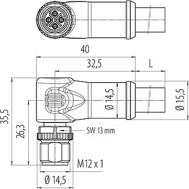 Schaaltekening M12 Male haakse connector, aantal polen: 3+PE, onafgeschermd, aan de kabel aangegoten, IP68, UL, PUR, zwart, 4 x 1,50 mm², 2 m